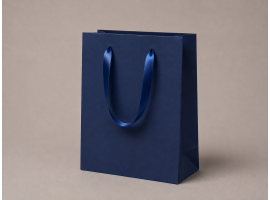 Modrá luxusná darčeková papierová taška | 16×8×25 cm | A5 | matná laminácia | ušká zo saténovej stuhy